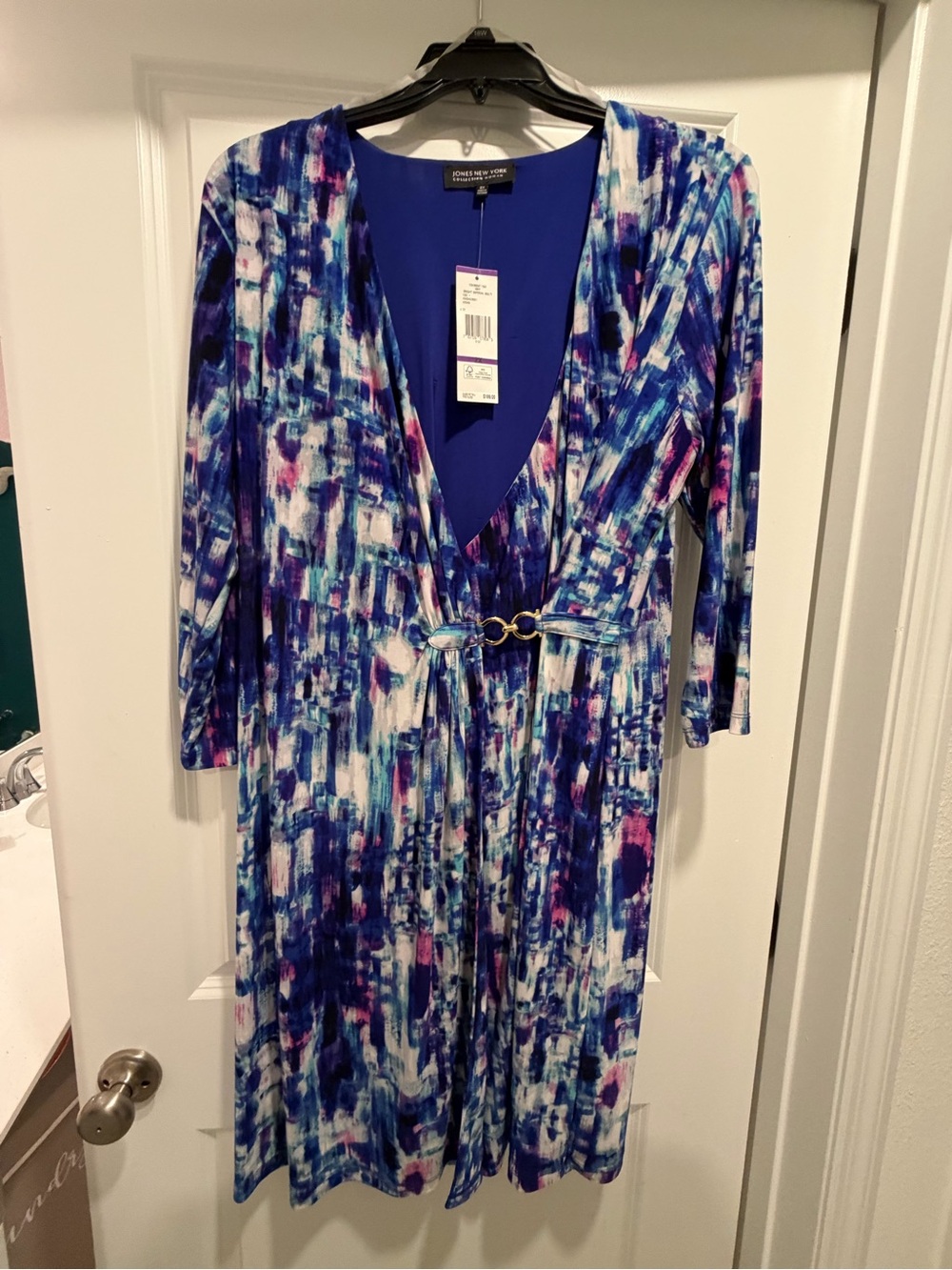 Jones New York Blue Multi-Color Abstract Print V-Neck Midi Dress